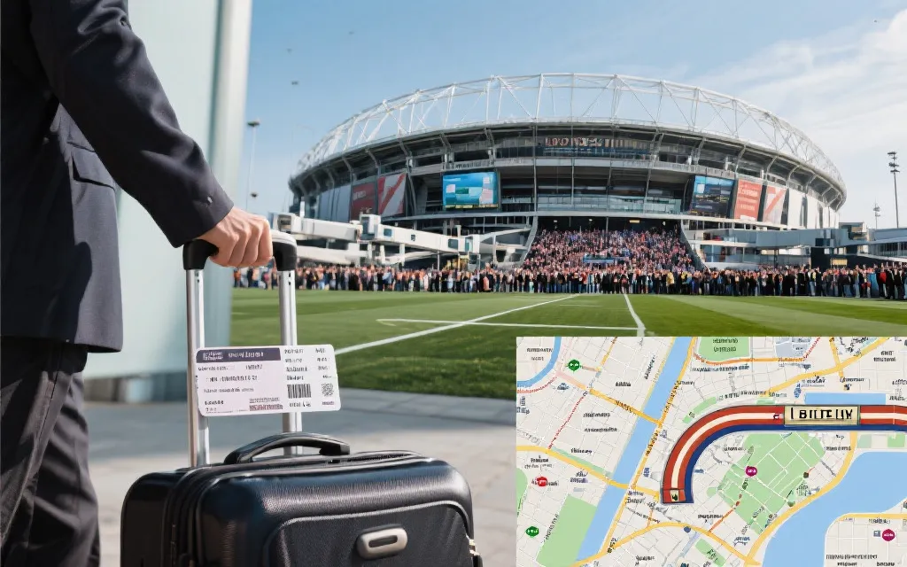 球迷在机场与球场之间切换的跨城追赛旅行场景概念图